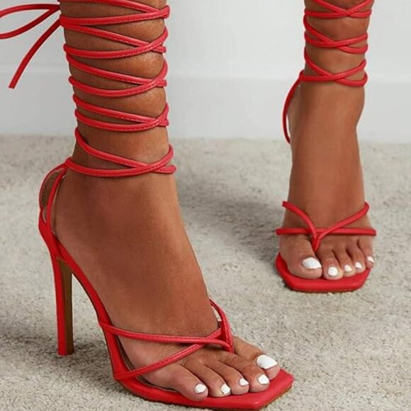 NWOT PIEPIEBUY Red Vegan Leather Strappy Heels with Slim Design Size 5.5 - Picture 3 of 13